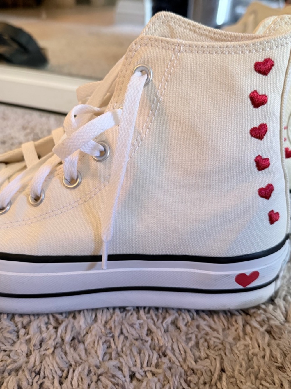 Custom Converse White Canvas High-Tops with Red Star & Hearts with extra cushion